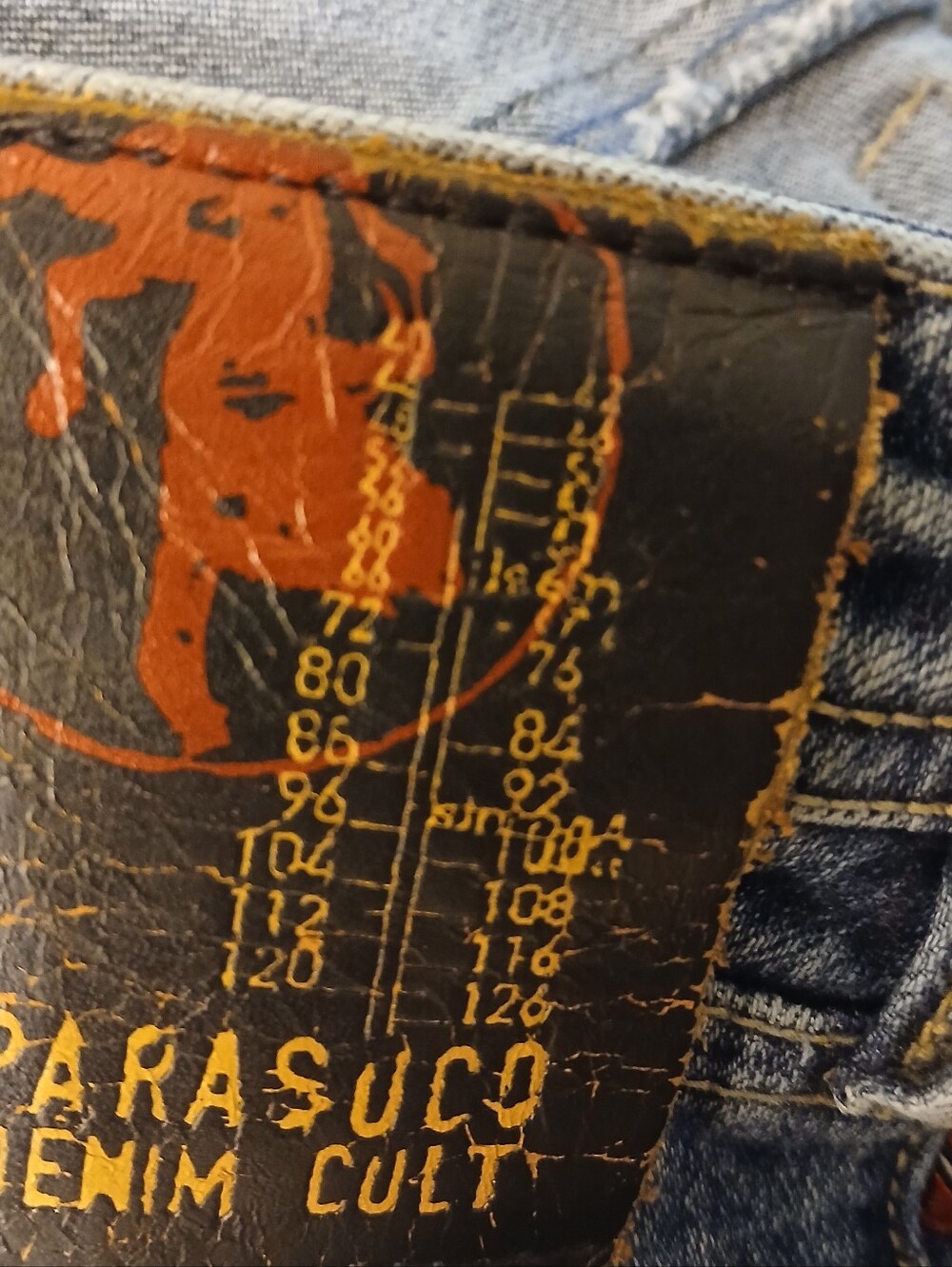 Parasuco Blue Denim Jeans with Black Leather Patch and Orange Accents